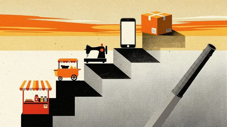 Illustration of manufacturing steps from shop to digital innovation.