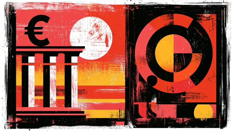 Abstract image of financial symbols and charts in red, black, and yellow.