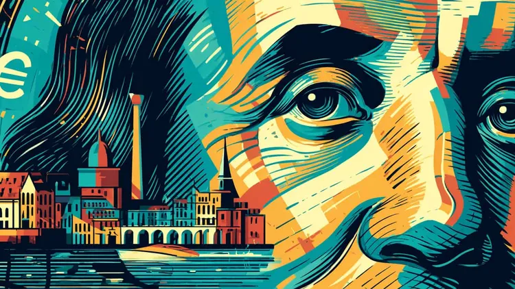 Stylized illustration of a woman's face with cityscape and financial symbols.