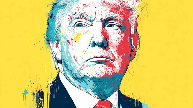 Artistic portrait of Donald Trump with vibrant colours and abstract background.