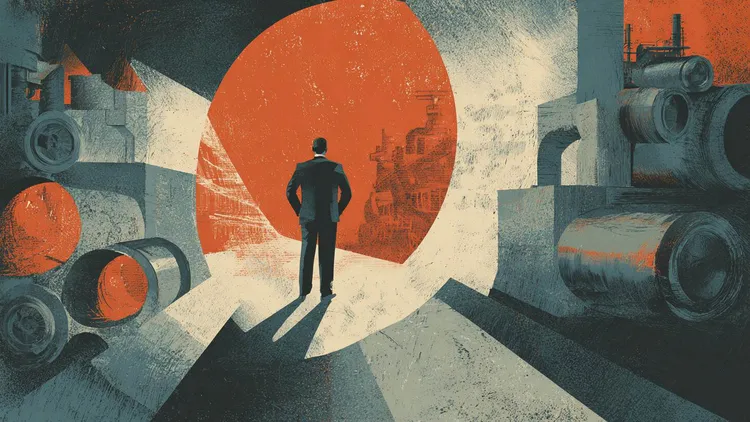 Man in suit overlooking industrial pipes and machinery, Social Europe.