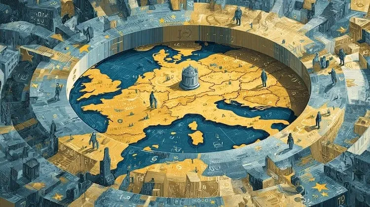 Map of Eurozone countries in a financial game setting, with surrounding figures and structures.