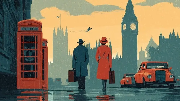 Two people walking in London with Big Ben in the background.