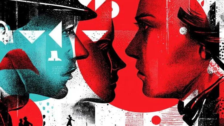 Two women facing each other in a stylised, abstract artwork.