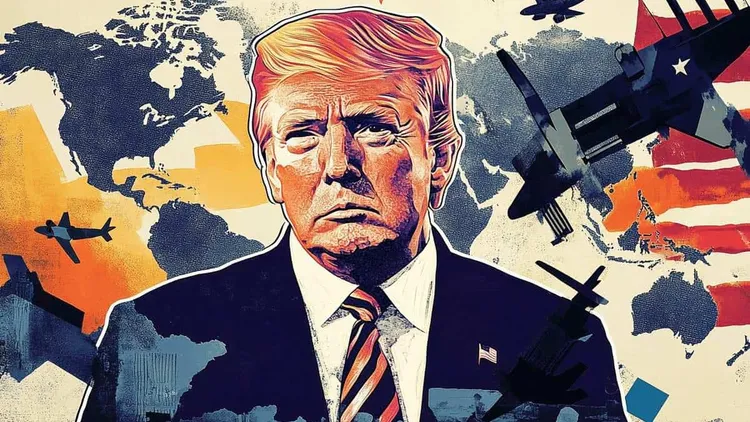 Illustration of Donald Trump in front of a world map with military aircraft.