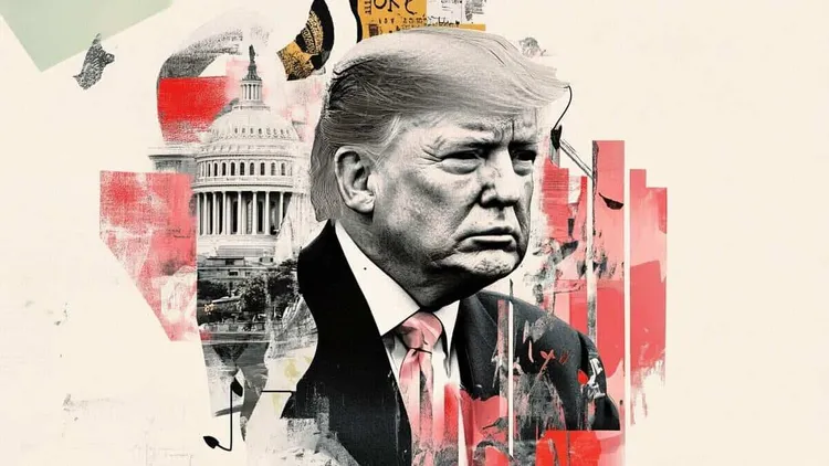 Black-and-white collage of Donald Trump beside the US Capitol, with red paint strokes.