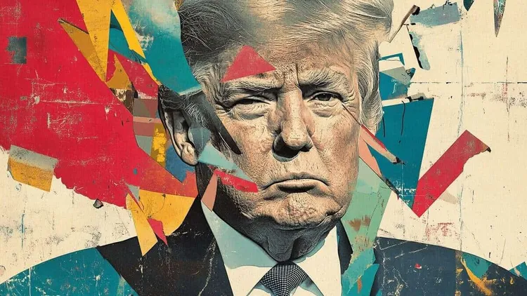 Collage of Donald Trump's face among torn paper shapes in red, yellow and teal.