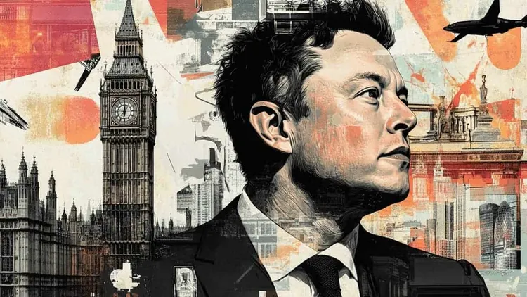 Collage of Elon Musk in profile with Big Ben, London buildings and a plane.