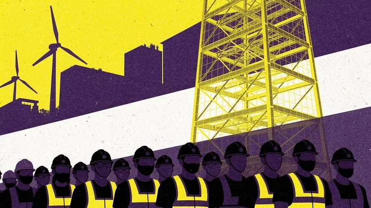 Illustration of workers in hard hats and high-visibility vests below a steel tower, with wind turbines and buildings behind.