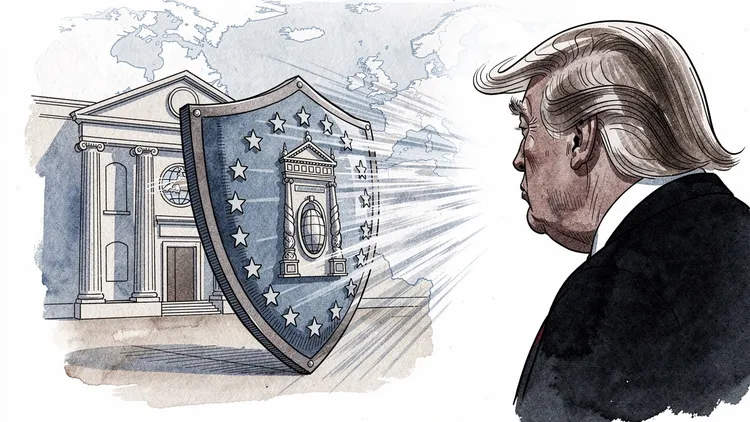 Watercolour illustration of a shield with EU stars guarding a court building, with Donald Trump in profile facing it.