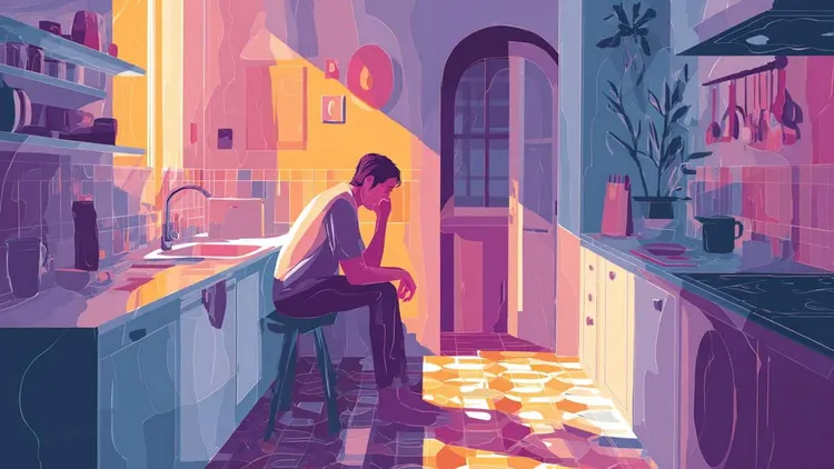 Illustration of a young man sitting hunched on a stool in a narrow kitchen.