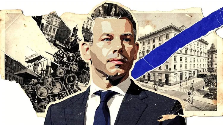 Collage of a man in a suit in front of torn photos of city streets and machinery, with a blue stripe.