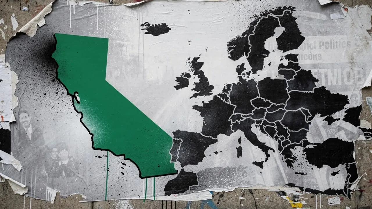 Map showing California in the USA and Europe with country borders.