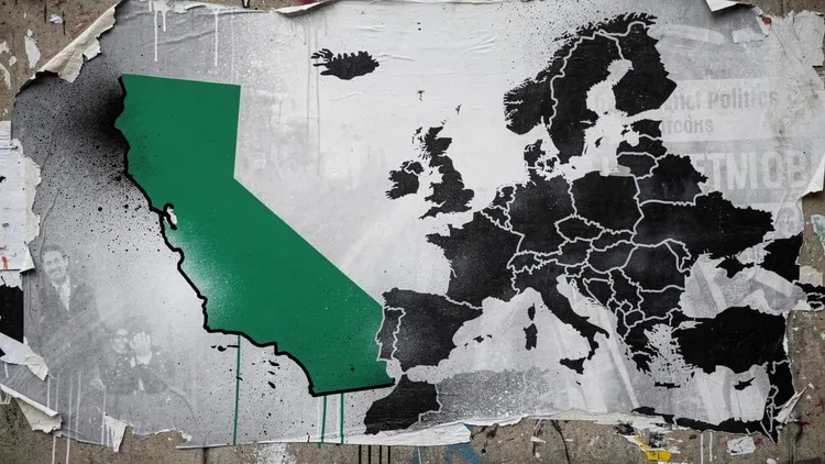 Map showing California in the USA and Europe with country borders.
