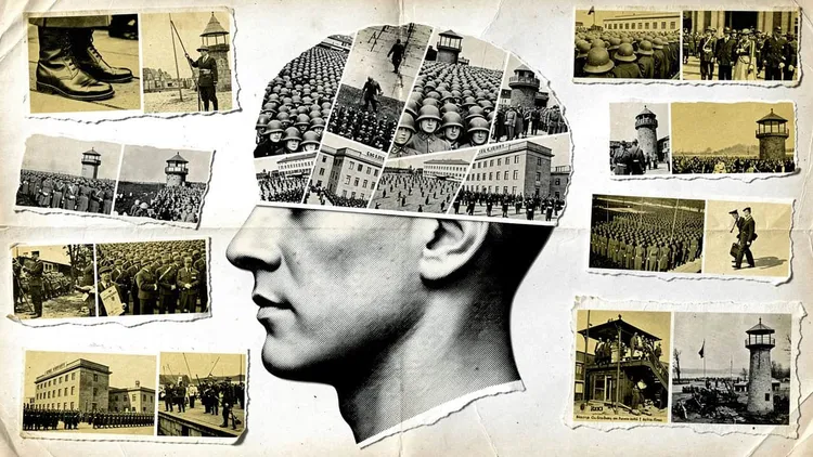 Collage of military and prison scenes surrounding a profile of a person's head.