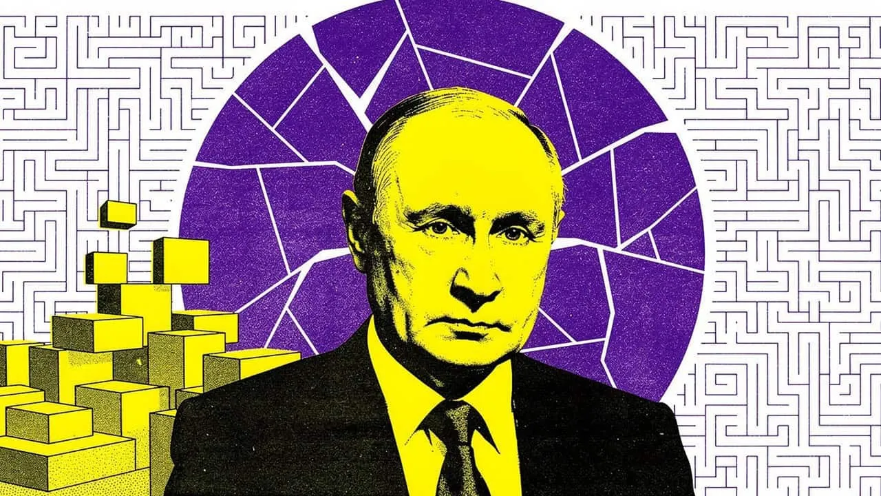 Illustration of Vladimir Putin in yellow tones before a shattered purple circle, a maze and stacked blocks.