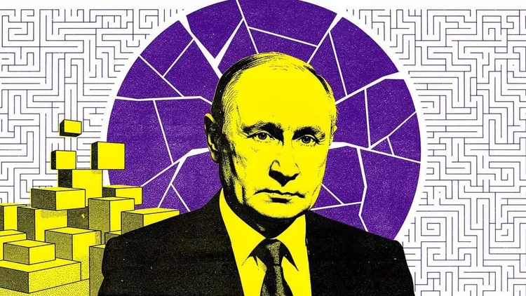 Illustration of Vladimir Putin in yellow tones before a shattered purple circle, a maze and stacked blocks.