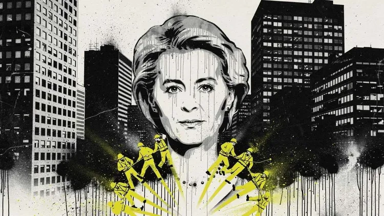 Portrait of a woman with a city skyline background and yellow graffiti elements.