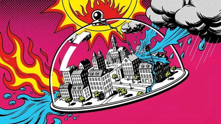 Pop-art illustration of a city under a glass dome battered by fire, a storm and floodwater.