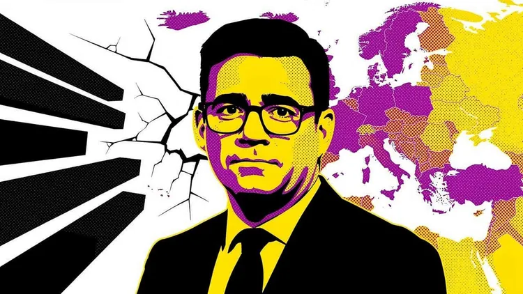 Illustration of a man in front of a world map with bold colours and graphic style.