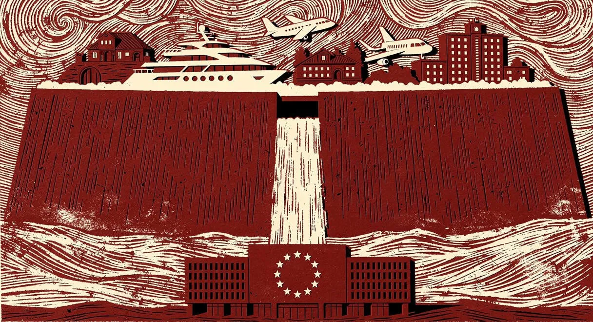 Illustration of a dam with a European Union emblem, symbolising funding and economic power.
