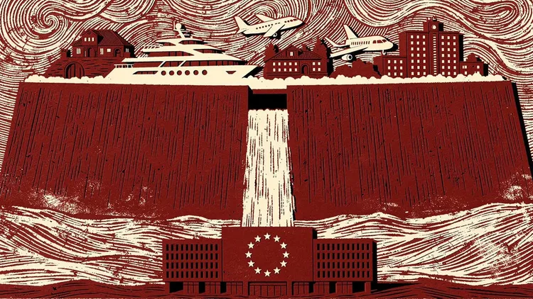 Illustration of a dam with a European Union emblem, symbolising funding and economic power.
