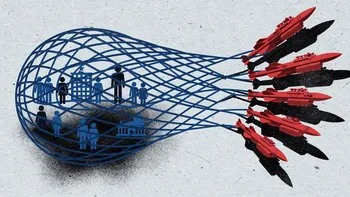 Illustration of missiles targeting social and political institutions in Europe.
