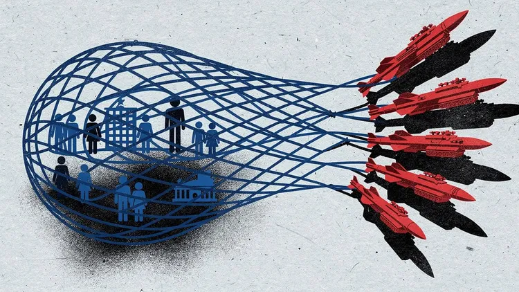 Illustration of missiles targeting social and political institutions in Europe.
