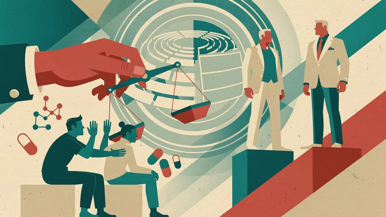 Illustration of justice scales weighing pills and a globe with two professionals.