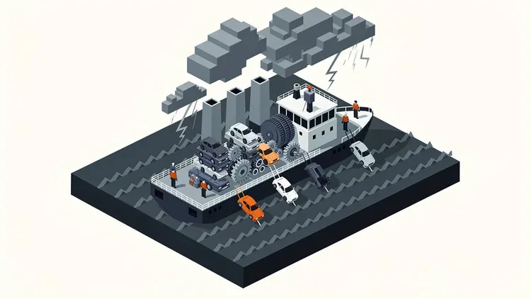 Illustration of a flood affecting a city with cars and a boat.