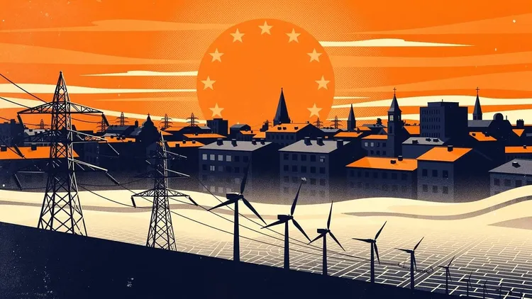 City skyline with wind turbines and solar panels at sunset.