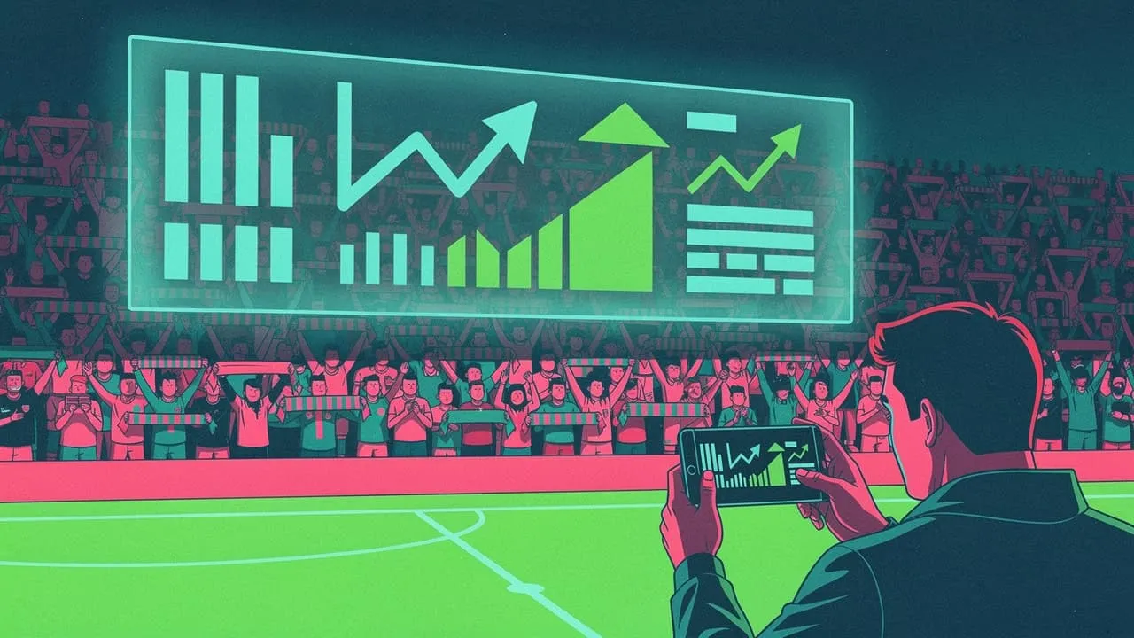 Person analyzing financial data on a smartphone during a sports event.