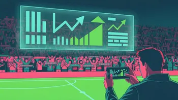 Person analyzing financial data on a smartphone during a sports event.