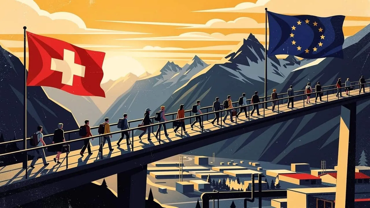 People walking across a mountain bridge with Swiss and EU flags in the background.