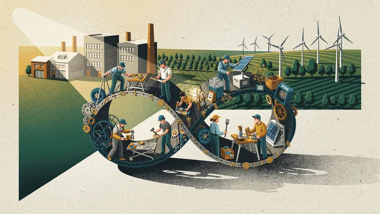 Illustration of workers in a circular economy with renewable energy and recycling.