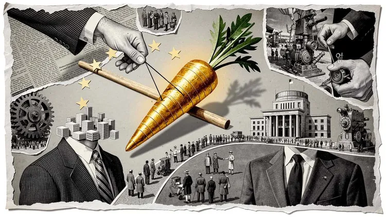 Illustration of economic reforms with carrots, gears, and government buildings in Europe.