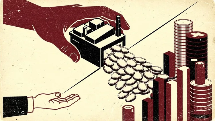 Illustration of a hand giving coins to a factory, with rising bar graphs and coins.