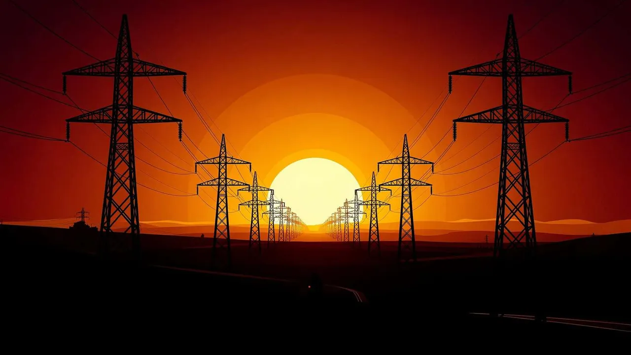 High-voltage power lines silhouetted against a sunset sky.
