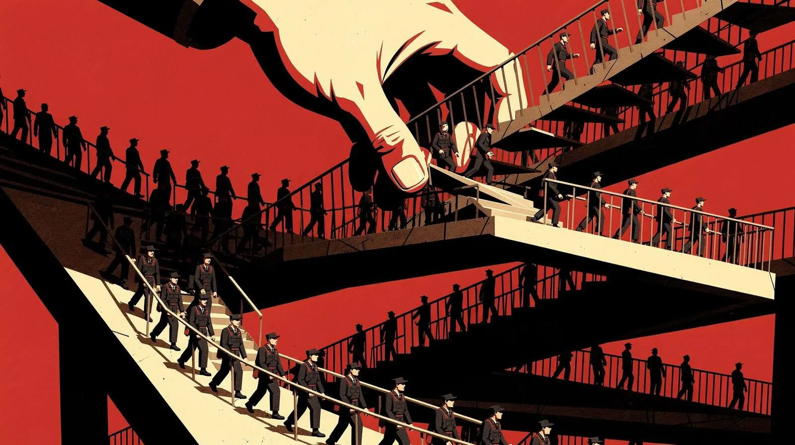 Illustration of people climbing stairs under a giant hand, symbolising regulation and control.