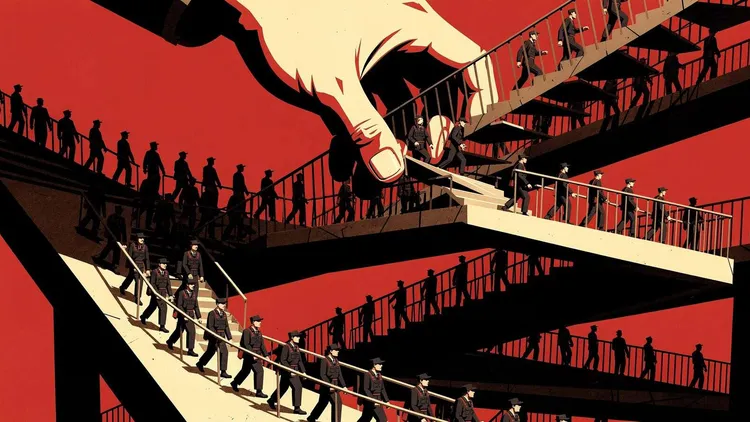 Illustration of people climbing stairs under a giant hand, symbolising regulation and control.