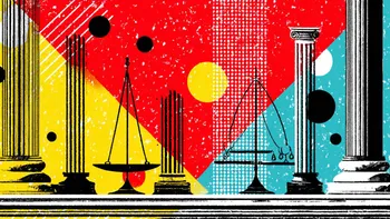 Classical balance scales between ancient columns on colourful background.