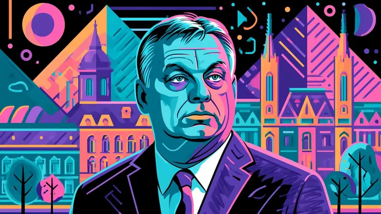 Colorful digital art of a man with cityscape background in neon style.