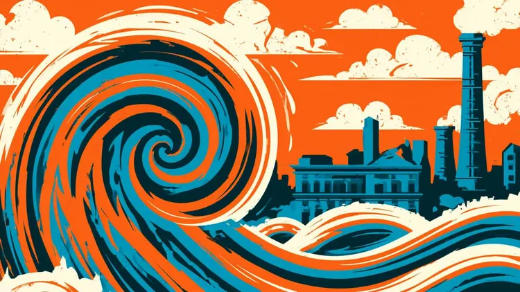 A swirling industrial storm with factory chimneys and a factory in the background.