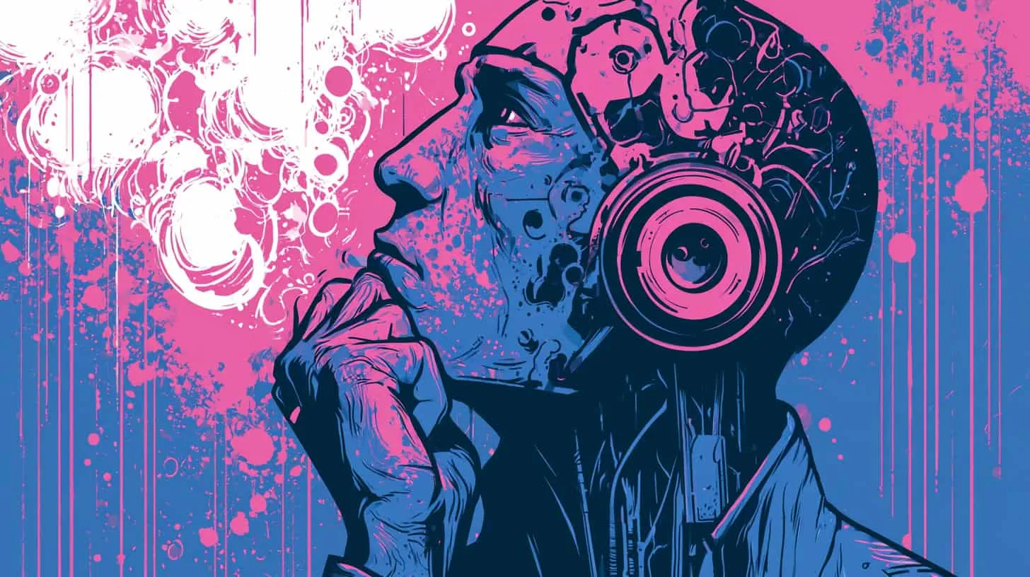 Futuristic illustration of a person with headphones contemplating AI impact.