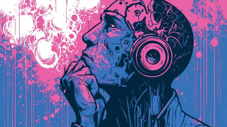 Futuristic illustration of a person with headphones contemplating AI impact.
