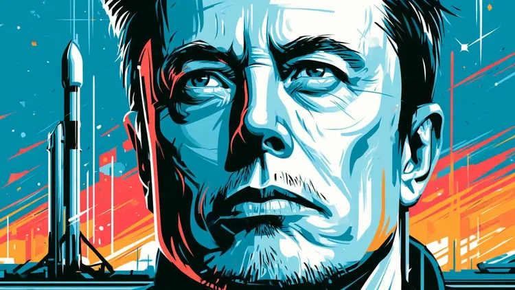 Illustration of Elon Musk with SpaceX rocket in background.