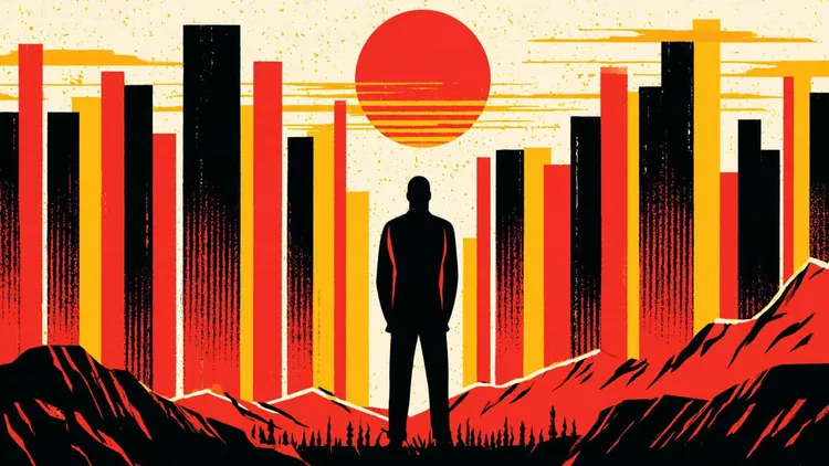 Silhouette of a person with rising bar graphs and a red sun in the background.