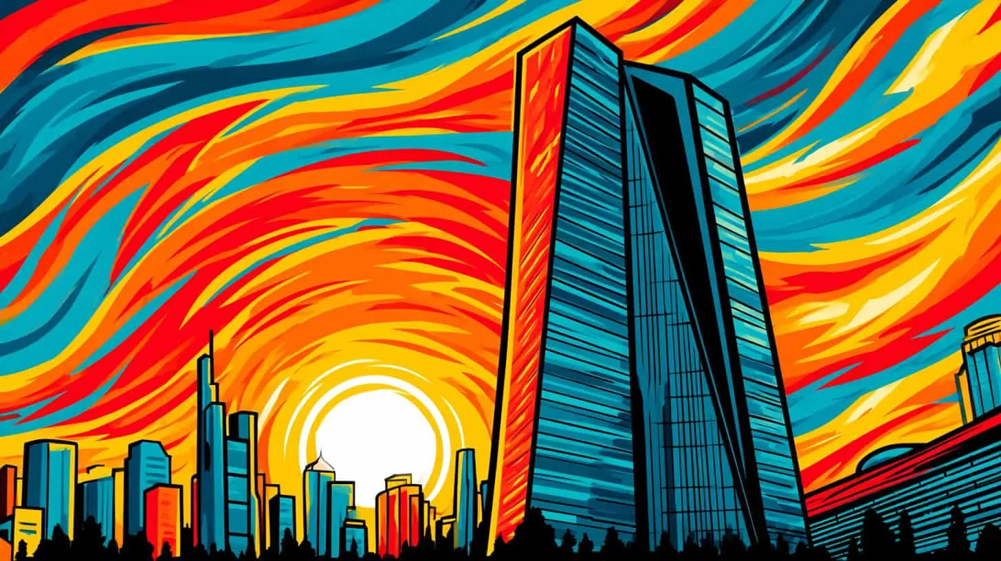Modern skyscraper against a colourful sunset sky with swirling clouds.
