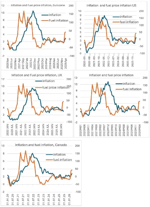 Eurozone inflation and fuel prices trends from 2020 to 2023.