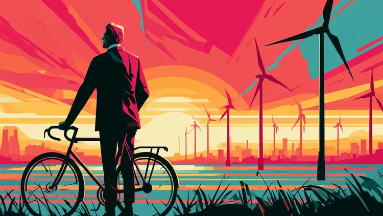 Person with bicycle overlooking wind turbines at sunset.